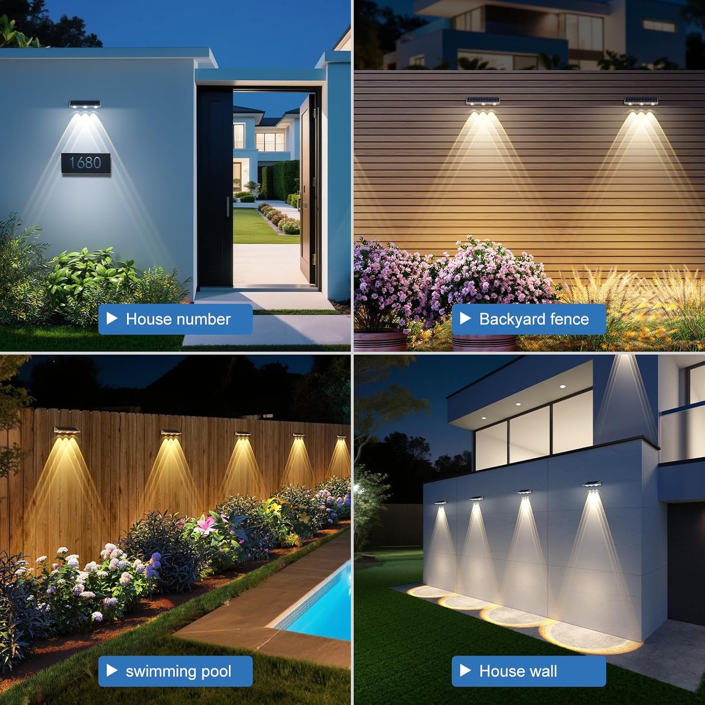 Yilaie Solar Lights Outdoor-IP67 Waterproof 3000K/4500K/6500K,High Brightness LED Solar Fence Lights,Solar Wall Light for Outside Backyard/Railing/Step/Patio/Stair Railings/Pool （4 Pack）