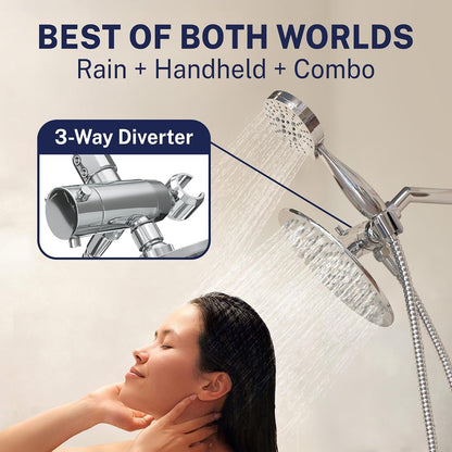 HammerHead Showers Dual Shower Head Combo, 8-Inch Rainfall & 3-Flow Handheld, Chrome, 2.5 GPM