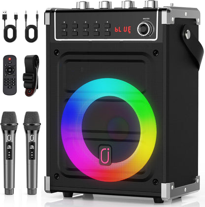 JYX Karaoke Machine with Two Wireless Microphones, Portable Bluetooth Speaker with Bass/Treble Adjustment, Remote Control and LED Lights, Supports TF Card/USB, AUX in, FM, REC for Party