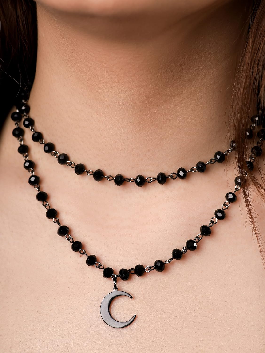 Sacina Gothic Moon Necklace, Moon Necklaces for Women, Layered Black Crescent Moon Necklace, Bead Onyx Necklace, Gothic Necklace, Goth Necklace, Christmas New Year Jewelry Gift for Women, Copper, Black Onyx, Stainless Steel, No Gemstone