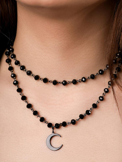 Sacina Gothic Moon Necklace, Moon Necklaces for Women, Layered Black Crescent Moon Necklace, Bead Onyx Necklace, Gothic Necklace, Goth Necklace, Christmas New Year Jewelry Gift for Women, Copper, Black Onyx, Stainless Steel, No Gemstone
