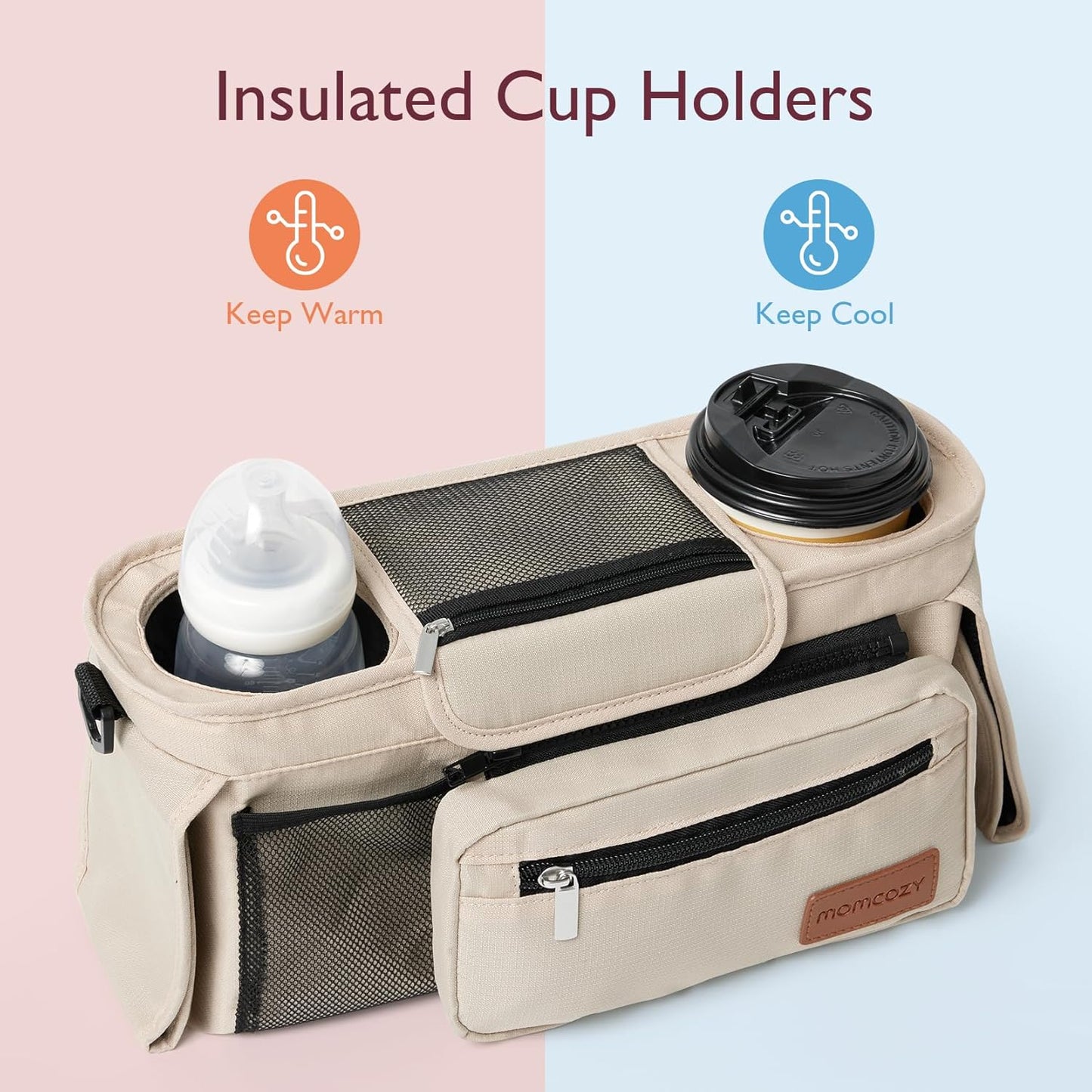 Universal Stroller Organizer with Insulated Cup Holder by Momcozy - Detachable Phone Bag & Shoulder Strap, Fits for Stroller like Uppababy, Baby Jogger, Britax, BOB, Umbrella and Pet Stroller