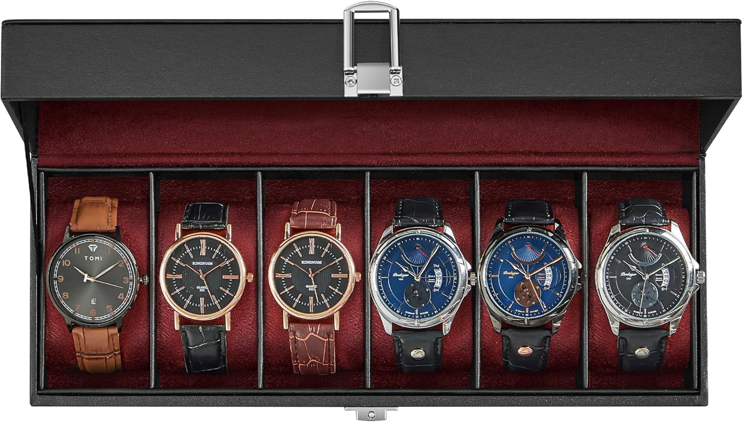 SONGMICS Watch Box, 6-Slot Watch Case, Watch Box Organizer, Black Synthetic Leather, Greenish Gray Lining UJWB06BK