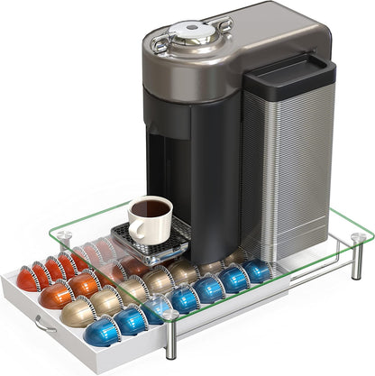 DecoBrothers Vertuo Pod Holder VertuoLine Drawer Storage for Nespresso Coffee Capsules, Crystal Tempered Glass, White