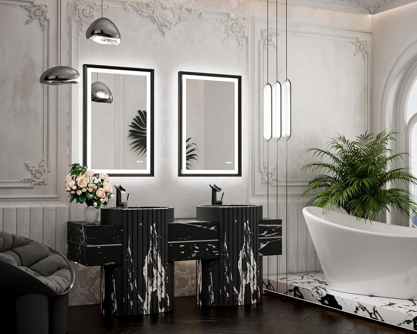 TETOTE 28x36 LED Mirror for Bathroom Black Metal Frame Frontlit & Backlit Lighted Vanity Mirror Baroque Gothic Anti Fog Stepless Dimmable White/Warm/Natural,Wall Mounted(Horizontal/Vertical)