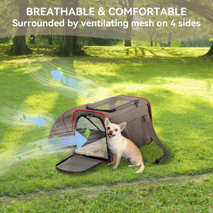 Petsfit Expandable Cat Dog Carrier Airline Approved, 17" L x 11" W x 11" H Soft-Sided Portable Pet Travel Carrier for Kitten, Puppy, Removable Soft Plush Mat and Pockets, Auto-Locking Zippers