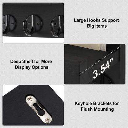 Lwenki Key Holder for Wall, Decorative Key and Mail Holder with Shelf Has Large Key Hooks for Bags, Coats, Umbrella – Paulownia Wood Key Hanger with Mounting Hardware (Black)