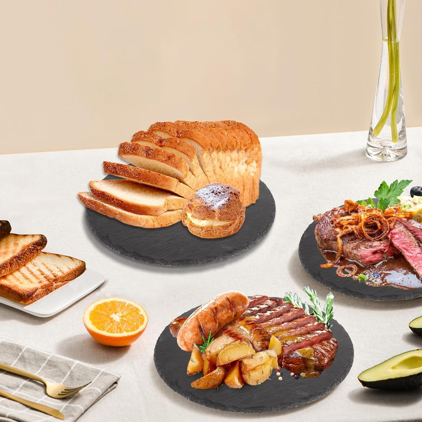 4 Pcs 11 x 11 Inch Round Slate Cheese Boards Black Stone Plates Charcuterie Boards Serving Tray Display Chalkboard with Soapstone Chalk Platter Display Chalkboard for Meats Appetizers Dried Fruits