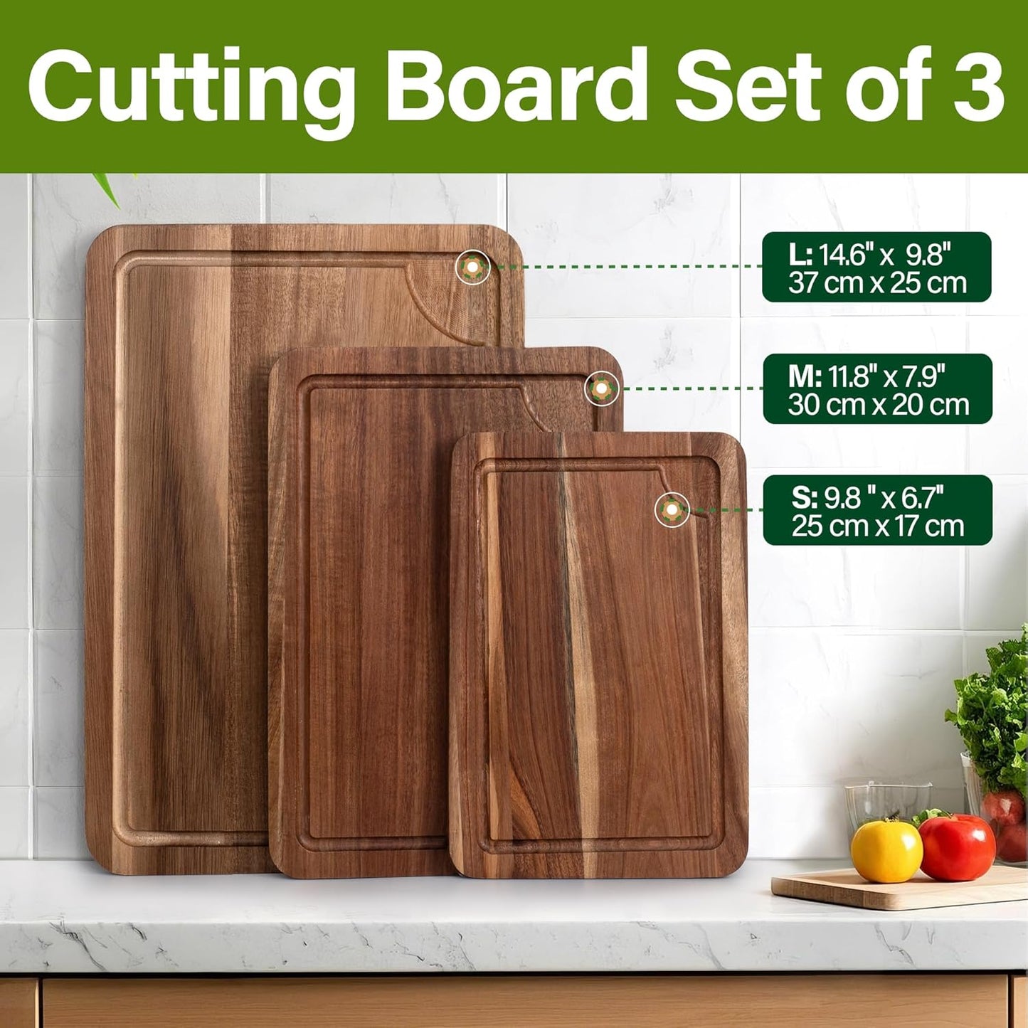 Bamboo Cutting Board Set of 3, Cutting Boards for Kitchen with Juice Groove, Bamboo Chopping Board Set, Serving Board Set for Meat, Fruit Vegetable and Cheese