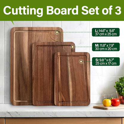 Bamboo Cutting Board Set of 3, Cutting Boards for Kitchen with Juice Groove, Bamboo Chopping Board Set, Serving Board Set for Meat, Fruit Vegetable and Cheese
