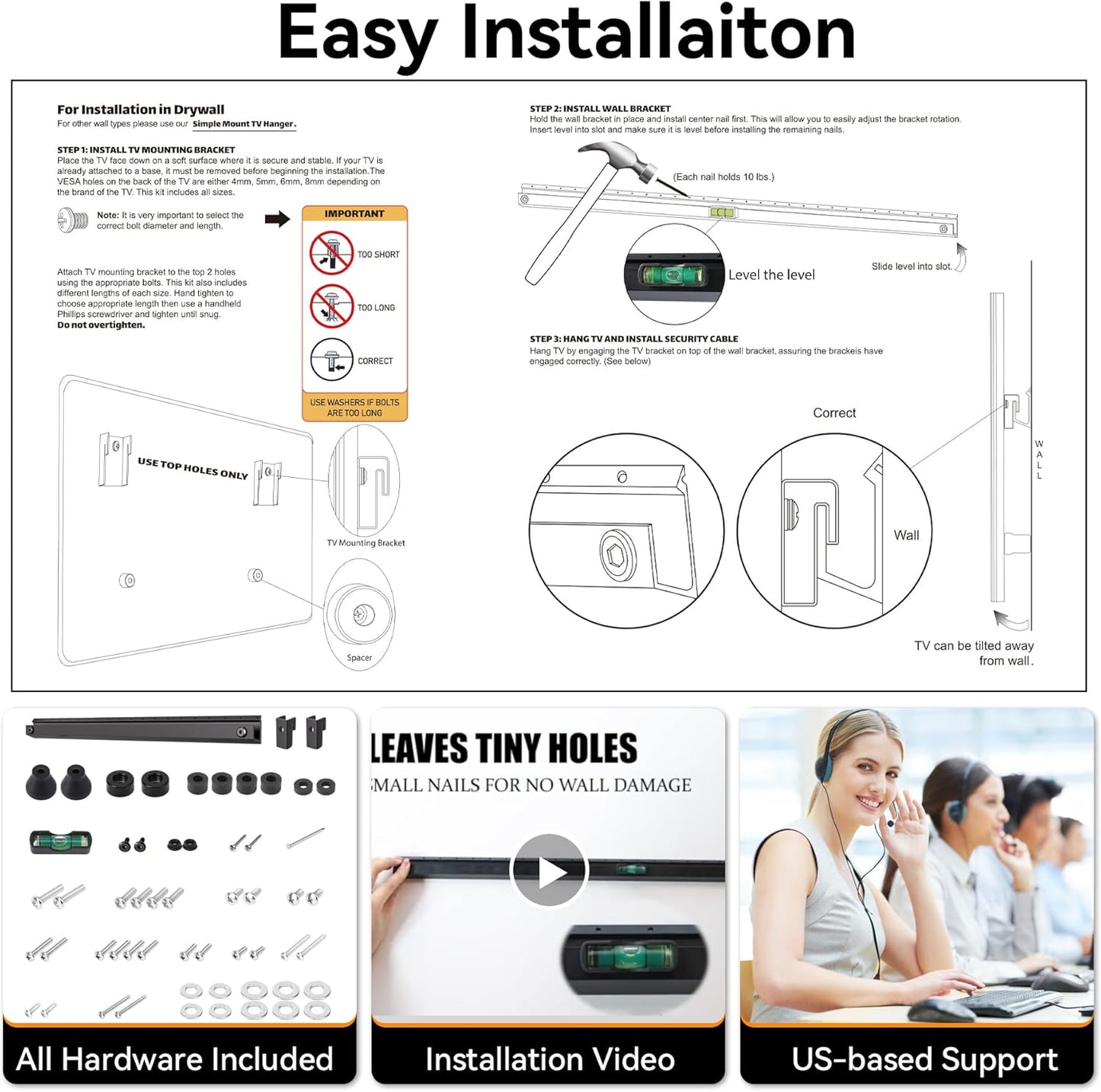 AENTGIU Studless TV Wall Mount, No Drill Drywall TV Bracket Hanger for 32-75 inch Flat Screen TVs, No Anchors, No Stud, Heavy Duty, Easy Install with All Hardware Included