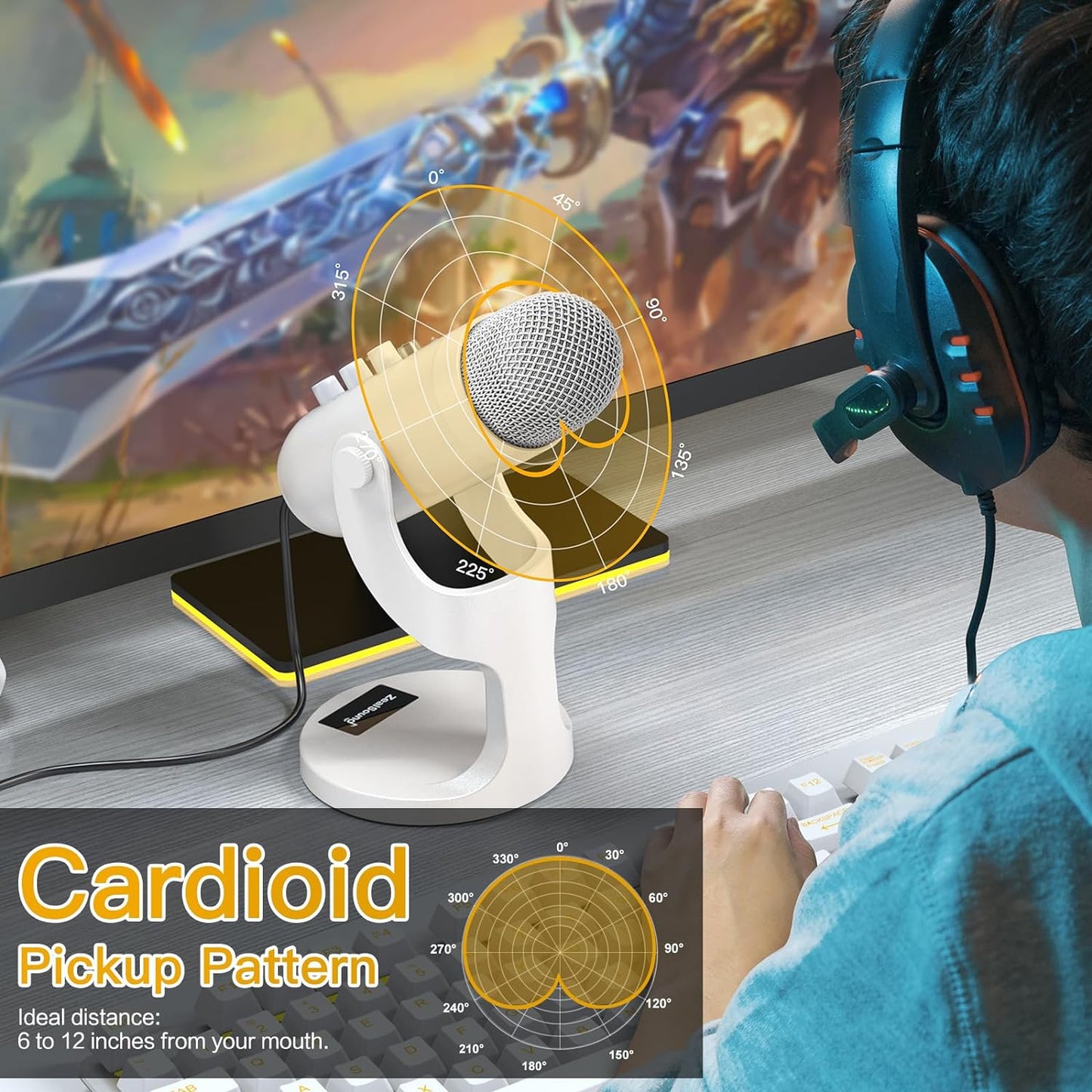 ZealSound Podcast Microphone, Noise Cancellation Mic with Gain, Volume Adjustment & Mute Button, Monitor & Echo, for ASMR, Vocal Recording, YouTube, TikTok, PC, iPhone, iPad, Android, Mac, K66, White