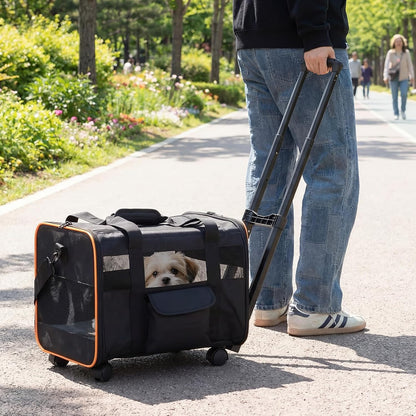 Giantex Rolling Pet Carrier with Wheels, Foldable Cat Carrier with Telescopic Handle, Breathable Mesh Dog Crate with Safety Leash & Washable Pad, Portable Pet Travel Bag for Small Pets up to 33 lbs