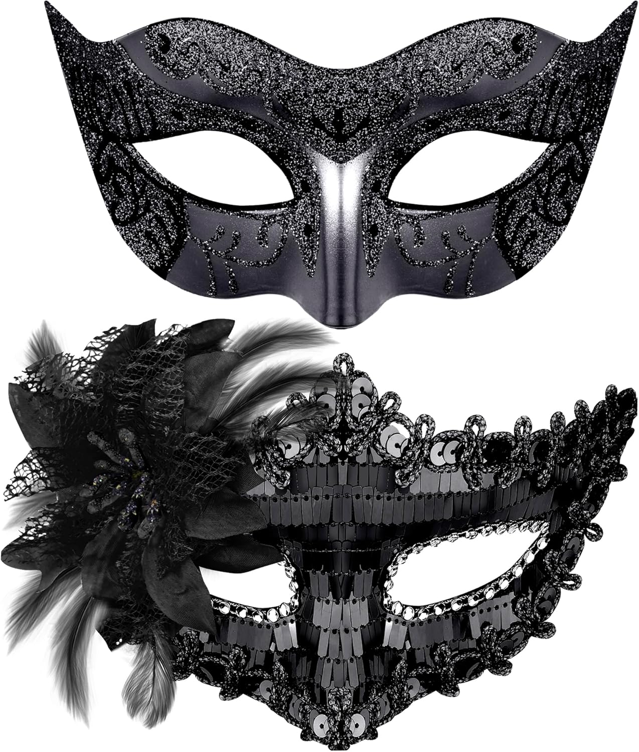 SIQUK Couple Masquerade Masks Sequins Venetian Party Mask Plastic Costume Mask Rhinestone Mardi Gras Mask for Couples, Black
