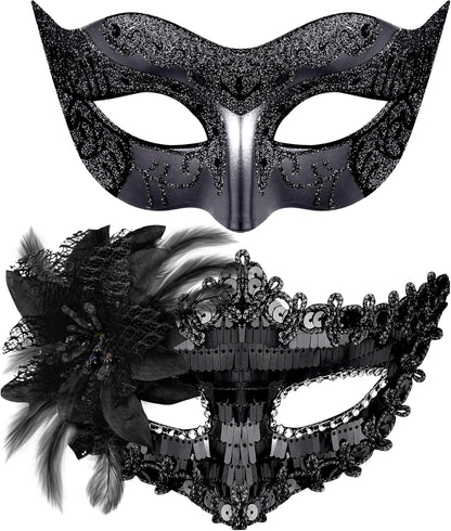 SIQUK Couple Masquerade Masks Sequins Venetian Party Mask Plastic Costume Mask Rhinestone Mardi Gras Mask for Couples, Black