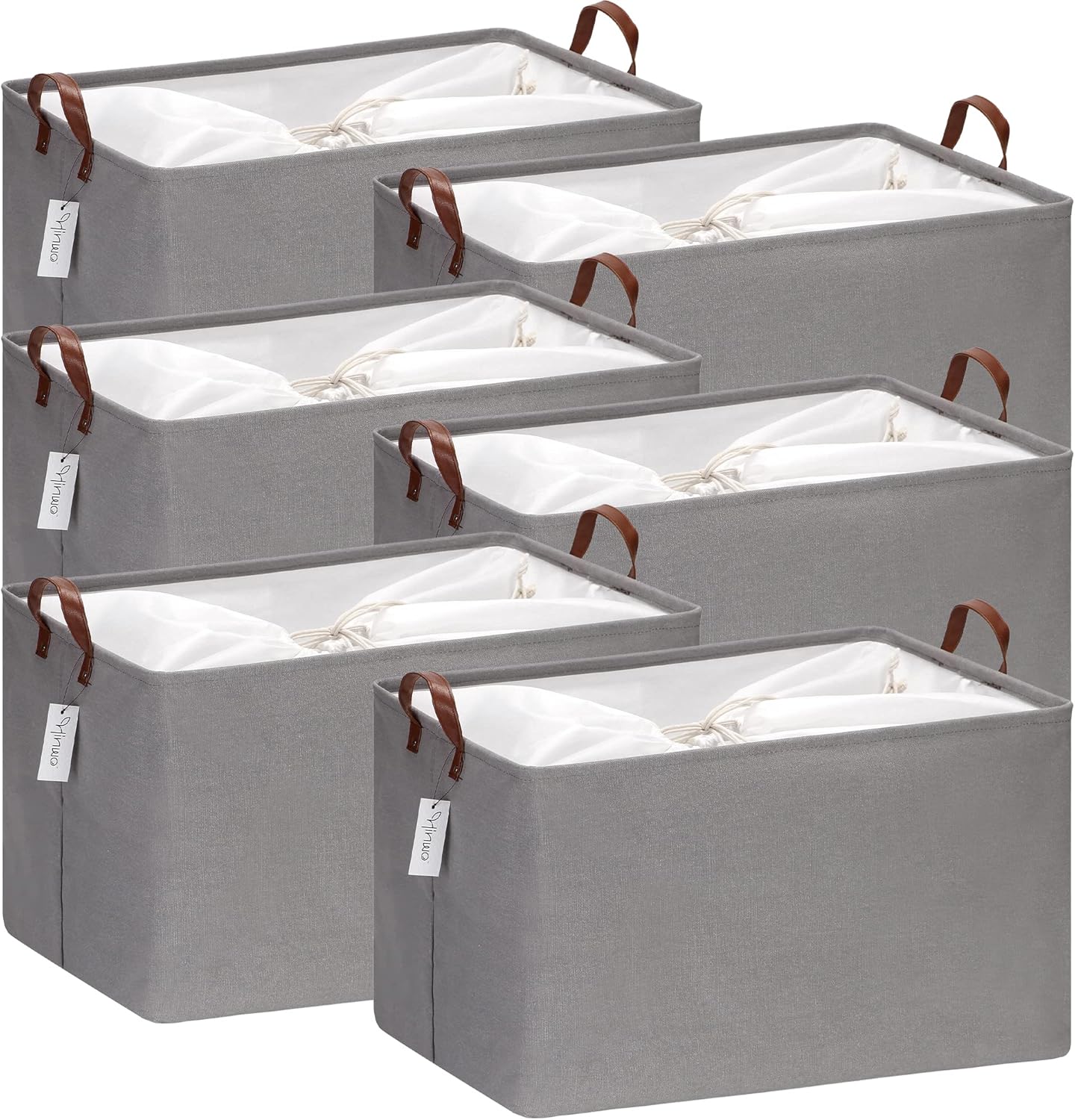 Hinwo 6-Pack Small Canvas Fabric Storage Baskets Set with Handles, Open Storage Bins, Cube Storage Organizer, Shelf Organizer Bins for Closet, 7.9L, 12 x 8 x 5 Inches, Grey Stripe