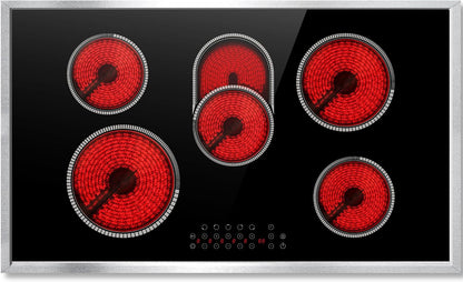 Electric Cooktop 36 Inch, 5 Burners Electric Stove Top Touch Control, 8400W Built-in Ceramic Stovetop 36" with Expandable Zone, Child Lock, Timer, Pause Control, 220-240v Hardwired (No Plug)