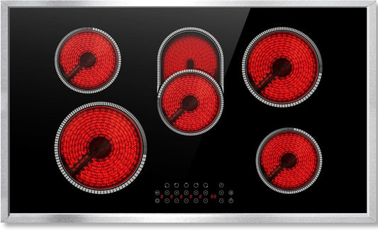 Electric Cooktop 36 Inch, 5 Burners Electric Stove Top Touch Control, 8400W Built-in Ceramic Stovetop 36" with Expandable Zone, Child Lock, Timer, Pause Control, 220-240v Hardwired (No Plug)