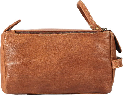 Premium Buffalo Leather Unisex Toiletry Bag Travel Dopp Kit Shaving kit (Distressed Tan)