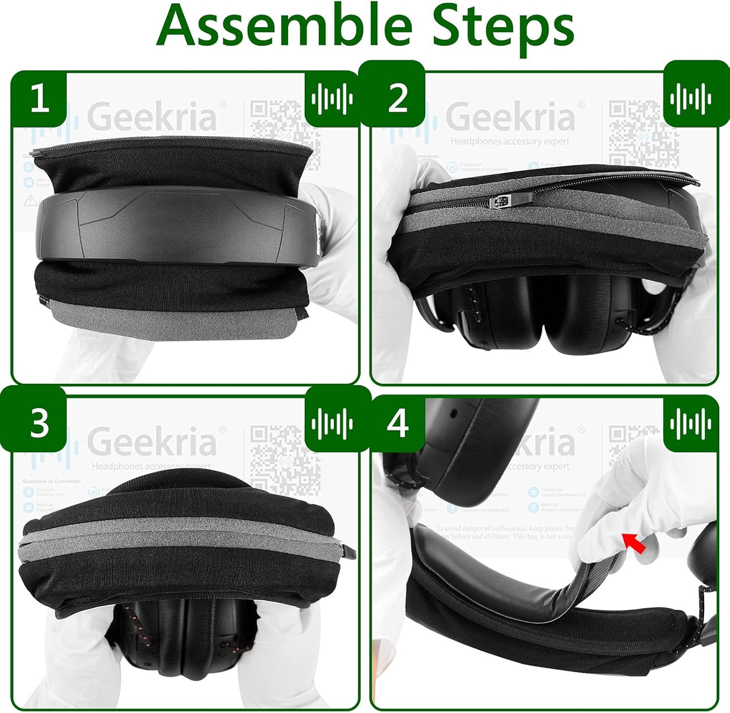 Geekria Hook and Loop Headband Cover + Pad Set, Protector with Zipper Closure Compatible with Medium Sized Headphones, Easy DIY Installation (Protein Leather/Black)