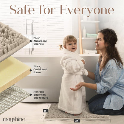 Soft Plush Chenille Bathroom Rug, Absorbent Microfiber Bath Mat, Machine Washable, Non-Slip Grip, Quick-Dry, Thick Shag Carpet Great for Bath, Shower Floor, Bedroom, or Door Mat (Beige, 17x24)