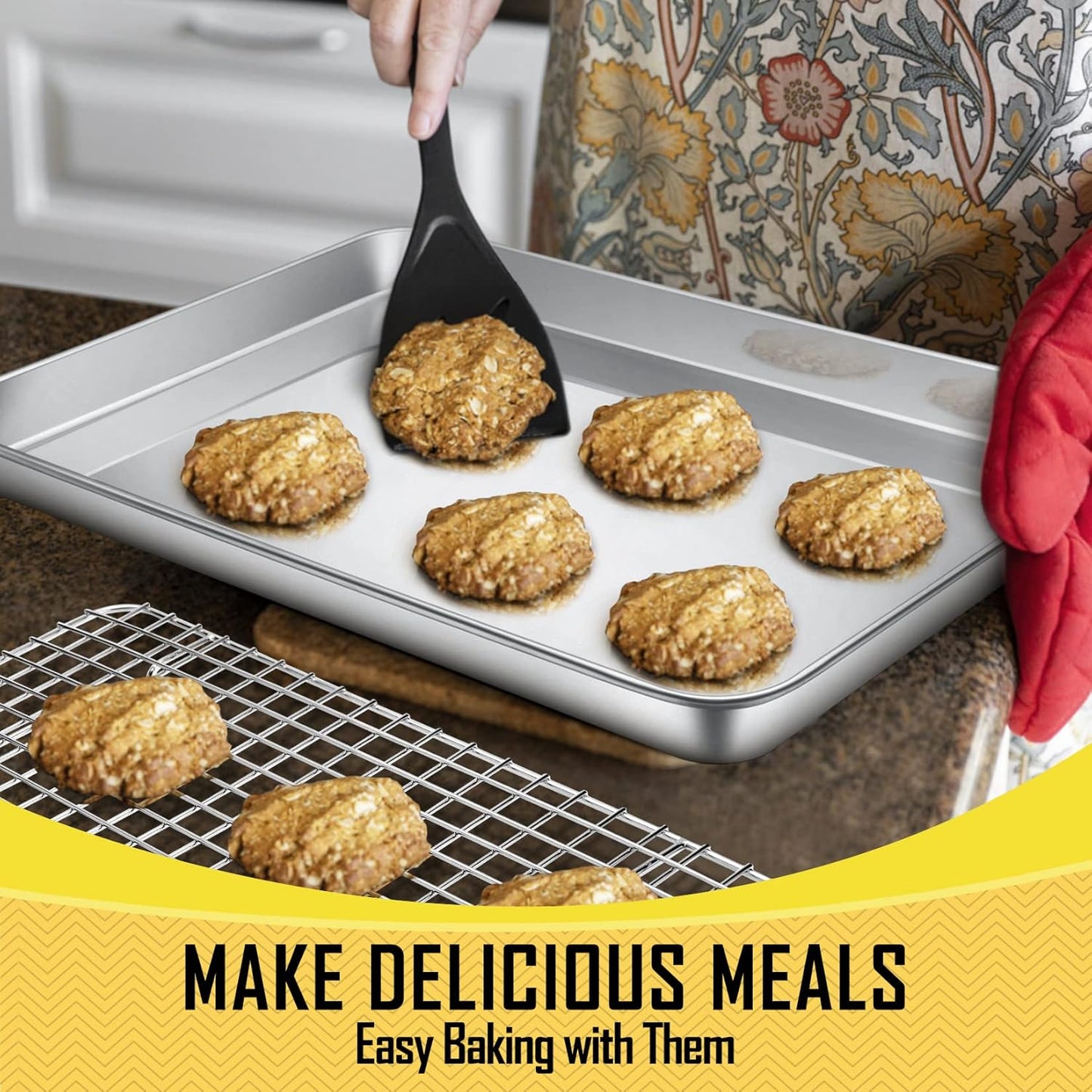 17.5 Inch Baking Sheet Pan with Rack Set, Joyfair Stainless Steel Half Size Oven Cookie Sheet Tray with Cooling Rack, Non-Toxic & Heavy Duty, Mirror Finishes &Easy Cleaning - (1 Pan + 1 Rack)