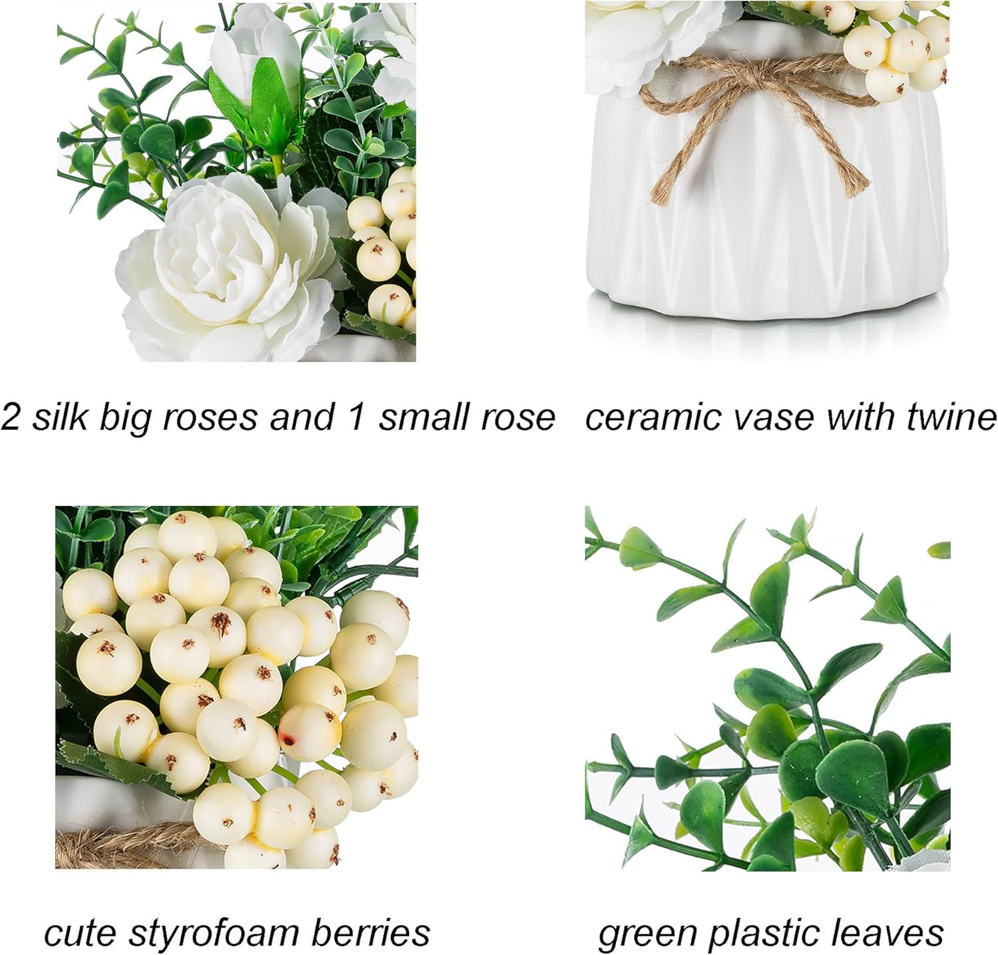 BLOSMON White Fake Flowers with Vase: Small Coffee Table Decor Bathroom Hydrangea Faux Flowers in Vase Office Desk Shelf Home Living Room Bedroom Vanity nightstand Decorations Floral Arrangement