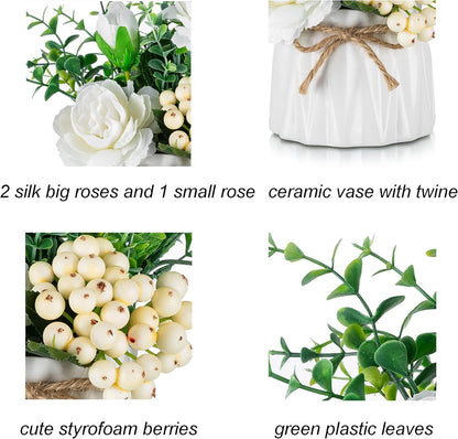 BLOSMON White Fake Flowers with Vase: Small Coffee Table Decor Bathroom Hydrangea Faux Flowers in Vase Office Desk Shelf Home Living Room Bedroom Vanity nightstand Decorations Floral Arrangement