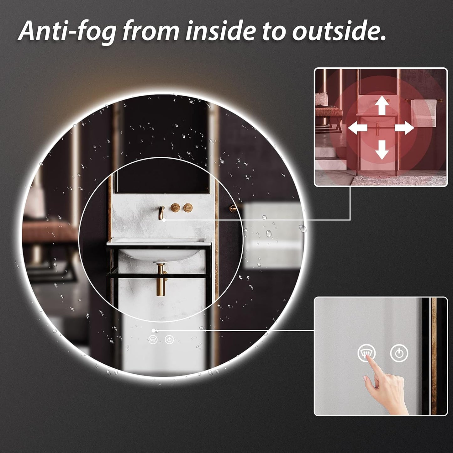 TETOTE 28 Inch Round LED Bathroom Vanity Mirror, Anti-Fog Dimmable Lights IP54 Waterproof Circle Makeup Wall Mounted Mirror