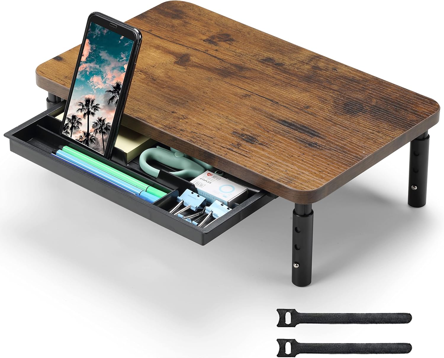 Adjustable Monitor Stand Riser for Desk with Storage Drawer, Ergonomic Computer Monitor Stand for Office and Home, Wooden Desktop Stand for Monitor, Laptop, or Printer (Walnut Finish) - PuriLite
