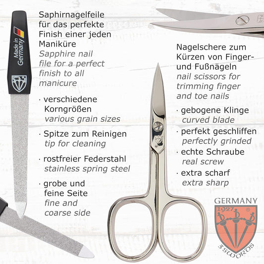 3 Swords Germany - brand quality 10 piece manicure pedicure grooming kit set for professional finger & toe nail care scissors clipper fashion leather case in gift box, Made by 3 Swords (003164) - PuriLite