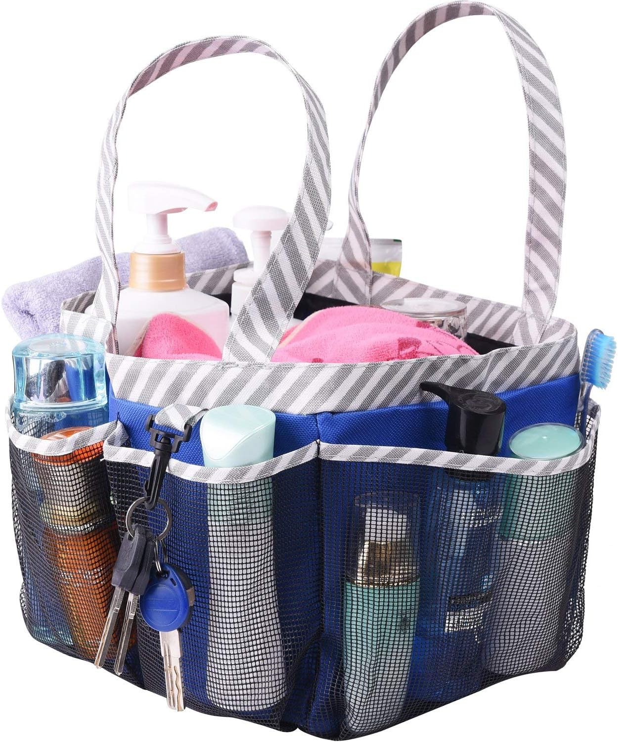 Mesh Shower Caddy Tote, Large College Dorm Bathroom Caddy Organizer with Key Hook and 2 Oxford Handles, Quick Hold, 8 Basket Pockets for Camp Gym