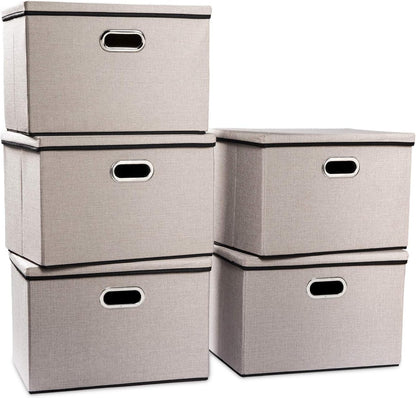PRANDOM Large Foldable Storage Bin with Lid [1-Pack] Linen Fabric Decorative Storage Box Organizer Containers Basket Cube with Handles Divider for Bedroom Closet Office Living Room (17.7x11.8x11.8")