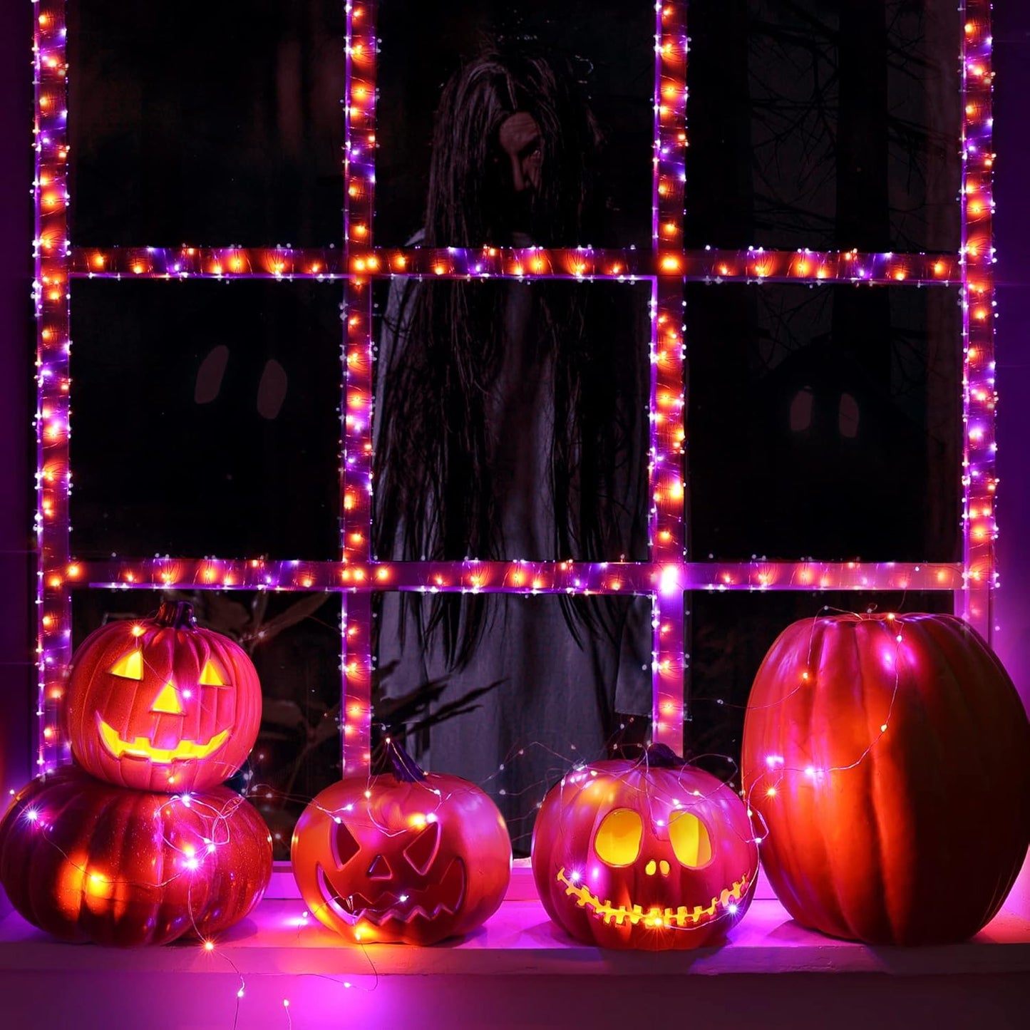 Lyhope Orange Purple Halloween Lights, 2 Pack 33ft 100 Led Battery Halloween Lights, Waterproof 8 Modes with Remote Copper Wire String Lights for Halloween Holiday Party Carnival Graveyard Decorations