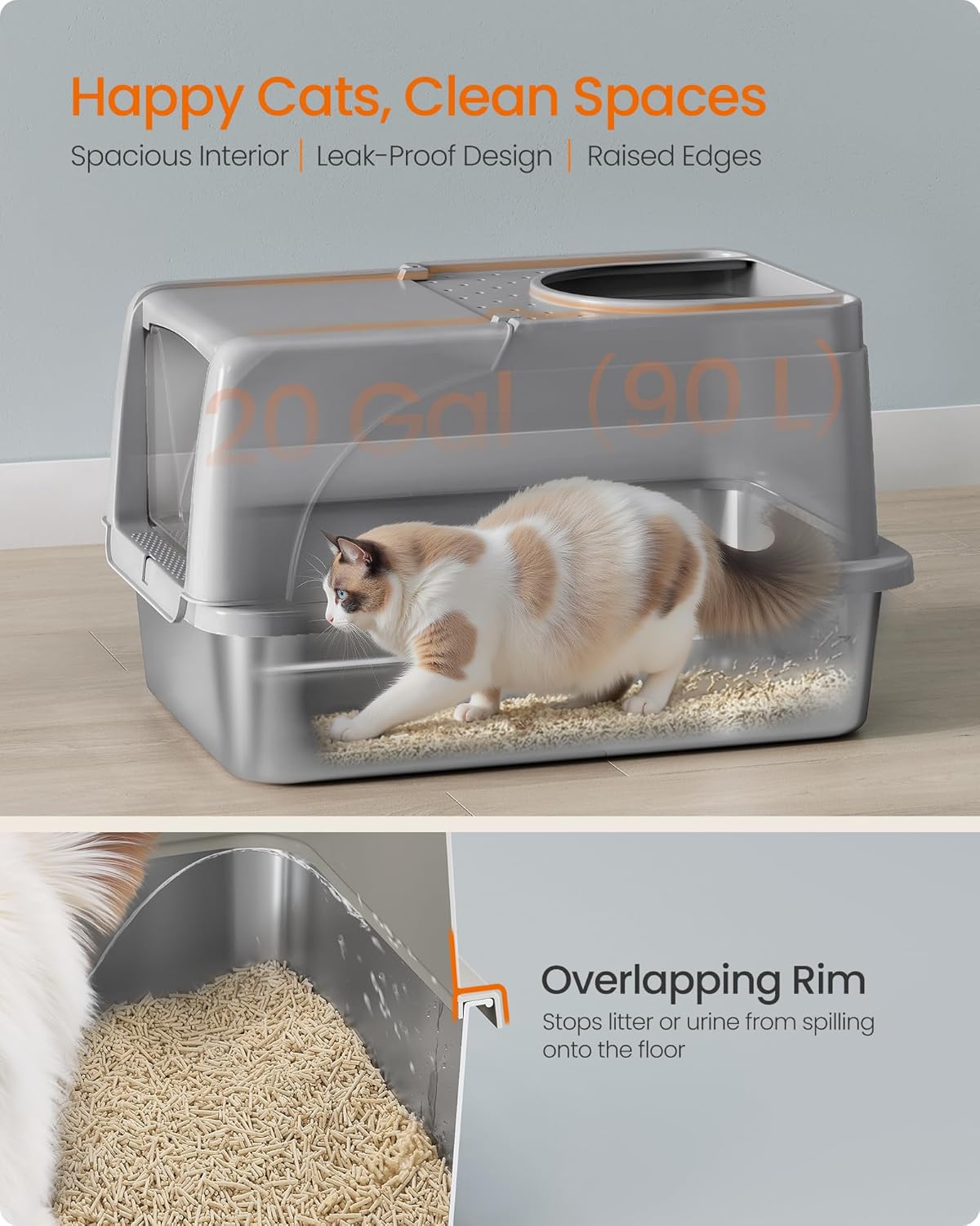 Feandrea Stainless Steel Cat Litter Box with Flip Lid, XL Enclosed Litter Box for Cats up to 15 kg, with Leak-Proof Design, Scoop, Brush, Dual Entry, Cappuccino Beige UPPT005K01