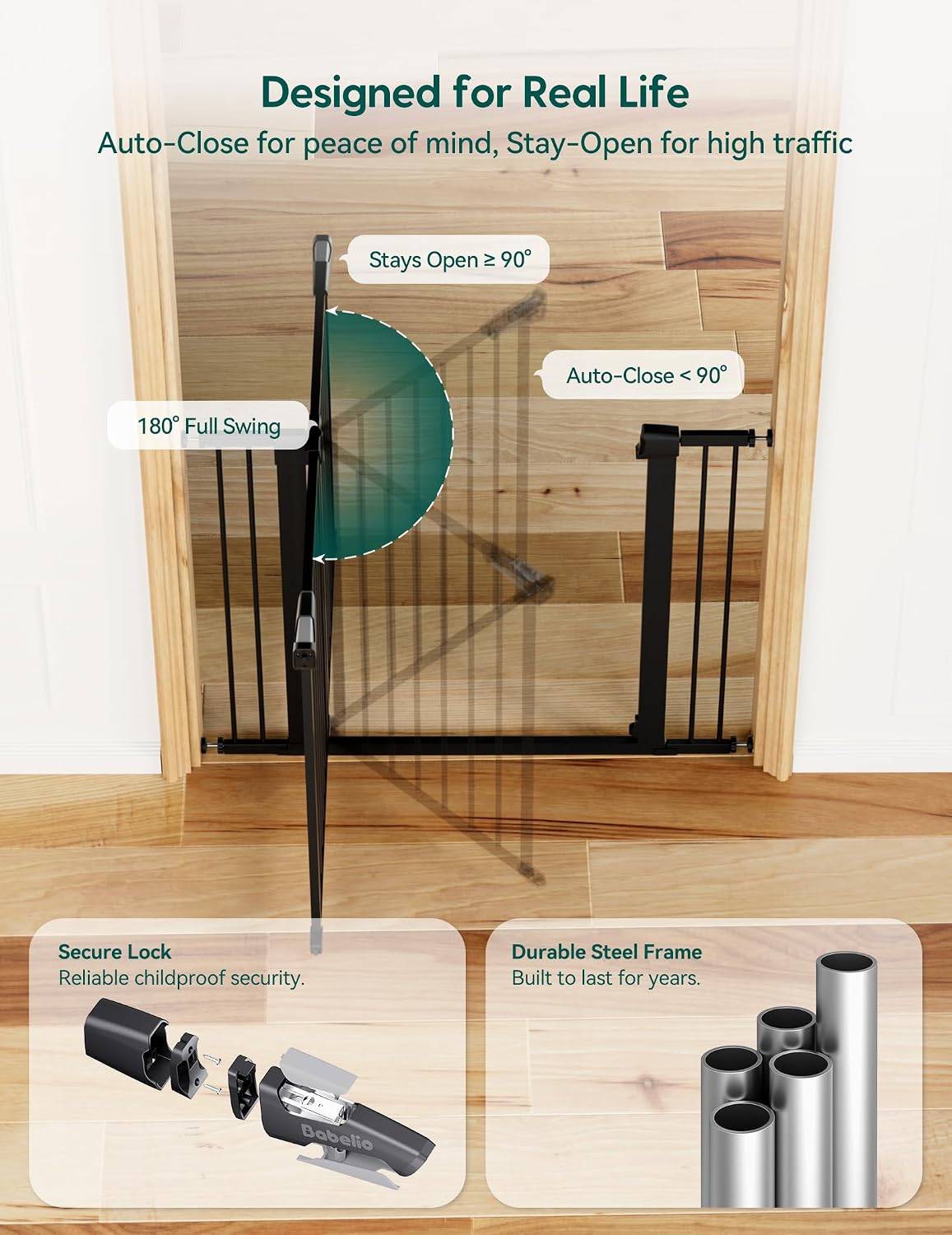 Babelio Metal Baby Gate, 29-48'' Auto Close Easy Install Pet Gate, Extra Wide Walk Thru Child Safety Gate, Pressure Mounted Dog Gate for Doorways & Stairs, with Y Spindle Rods