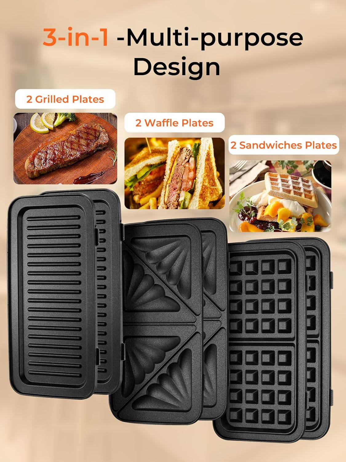 Sandwich Maker 3-in-1, Belgian Waffle Maker and Electric Panini Grill with 5-Gear Temperature and LED Indicator Lights, 3 Sets of Detachable Non Stick Plates, 1200W