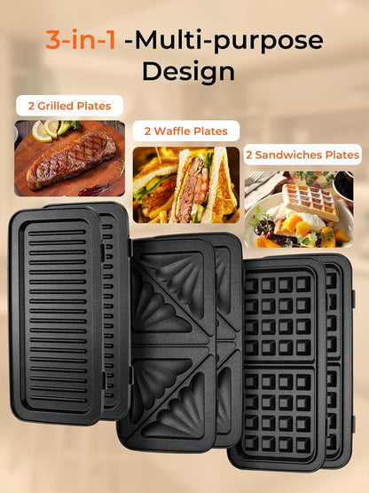 Sandwich Maker 3-in-1, Belgian Waffle Maker and Electric Panini Grill with 5-Gear Temperature and LED Indicator Lights, 3 Sets of Detachable Non Stick Plates, 1200W