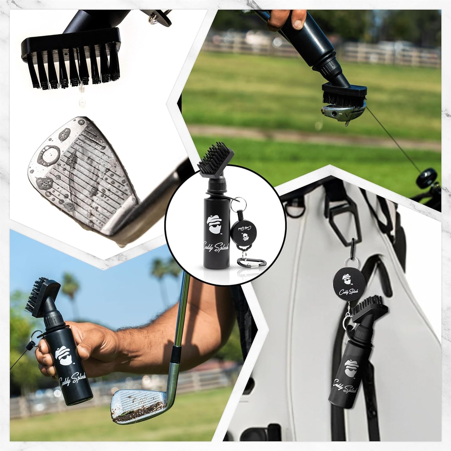 Caddy Splash Golf Water Brush – Retractable Nylon-Bristle Club Cleaner with Anti-Leak Reservoir, Squeeze Bottle Design, 18" Retractor Clip, Wide Cleaning Coverage, Lightweight & Portable – 7.5" Holds 4 oz – Black