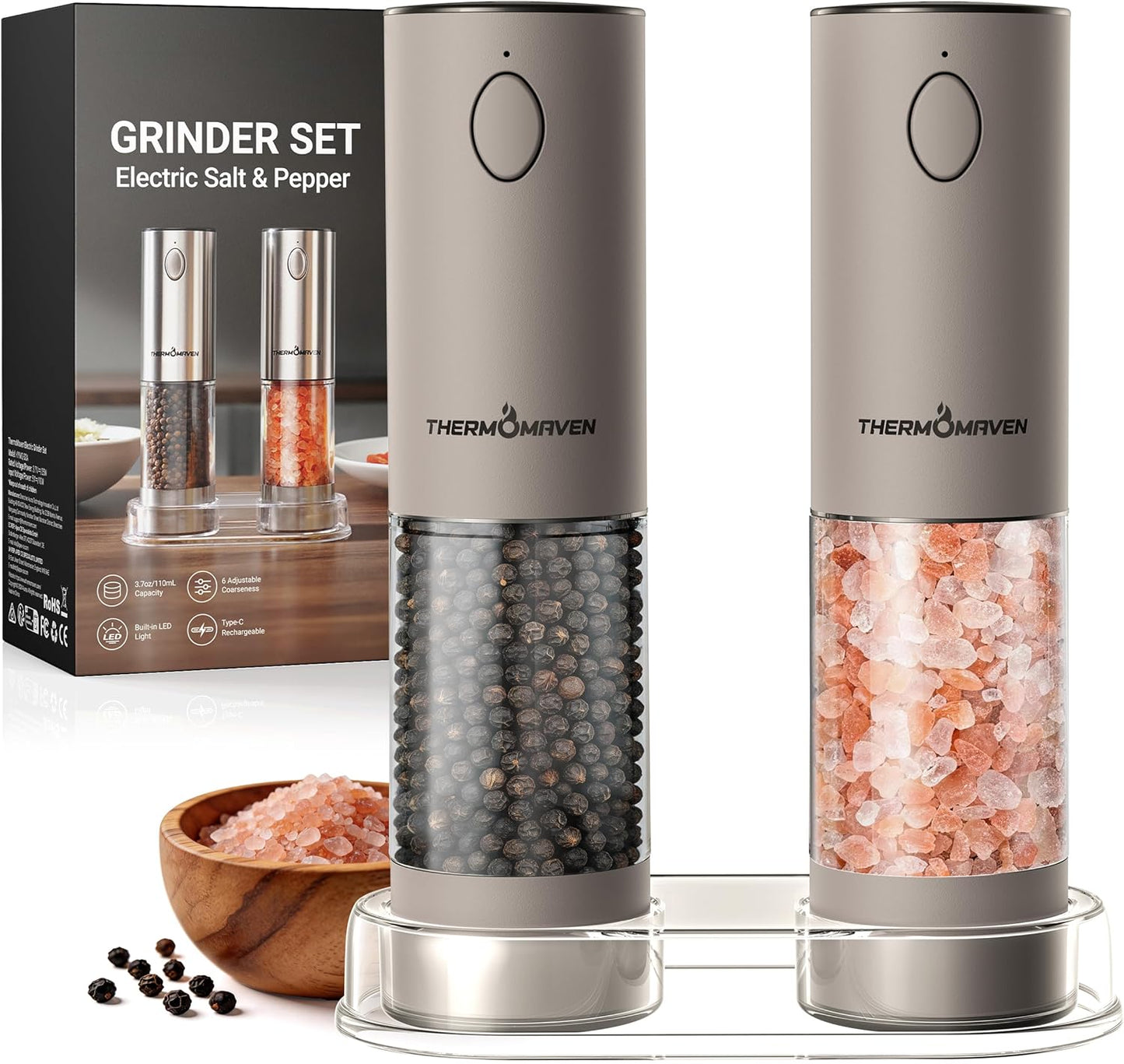 ThermoMaven Electric Salt and Pepper Grinder Set, 110ml Larger Rechargeable Automatic Salt and Pepper Mill Grinder with 6 Adjustable Coarseness, Electric Salt and Pepper Shakers, LED, 2 Packs, Silver