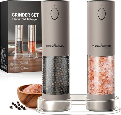 ThermoMaven Electric Salt and Pepper Grinder Set, 110ml Larger Rechargeable Automatic Salt and Pepper Mill Grinder with 6 Adjustable Coarseness, Electric Salt and Pepper Shakers, LED, 2 Packs, Silver