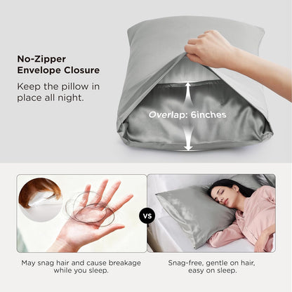 Bedsure Satin Pillow Case Queen Size 2 Pack, Similar to Silk Pillow Cases, Silky Pillowcase Covers with Envelope Closure, Room Decor Valentine Gifts for Women Men, Grey, 20x30 Inches