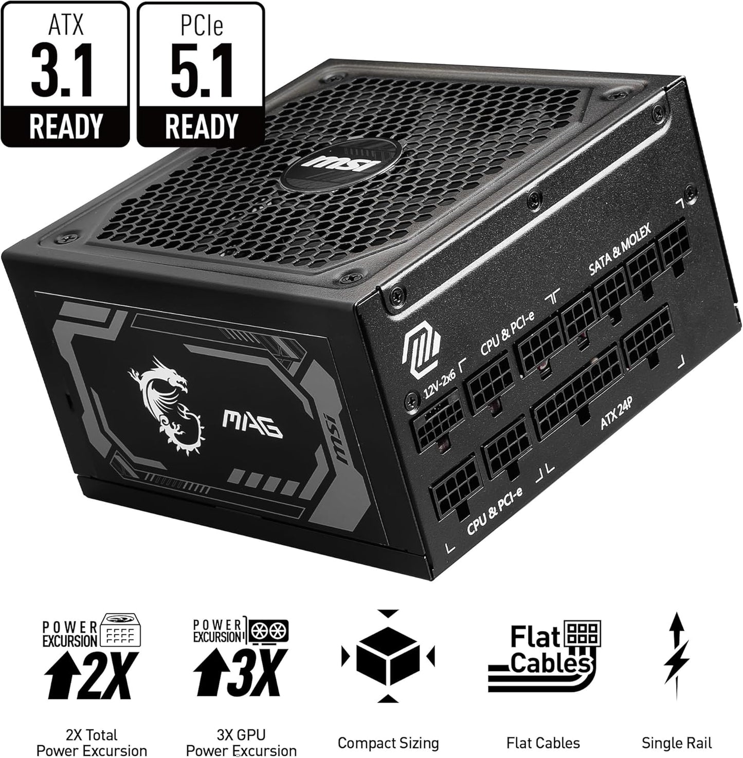 MSI MAG A750GL PCIE 5 Gaming Power Supply - Full Modular - 80 Plus Gold Certified 750W - Compact Size - ATX PSU - PuriLite