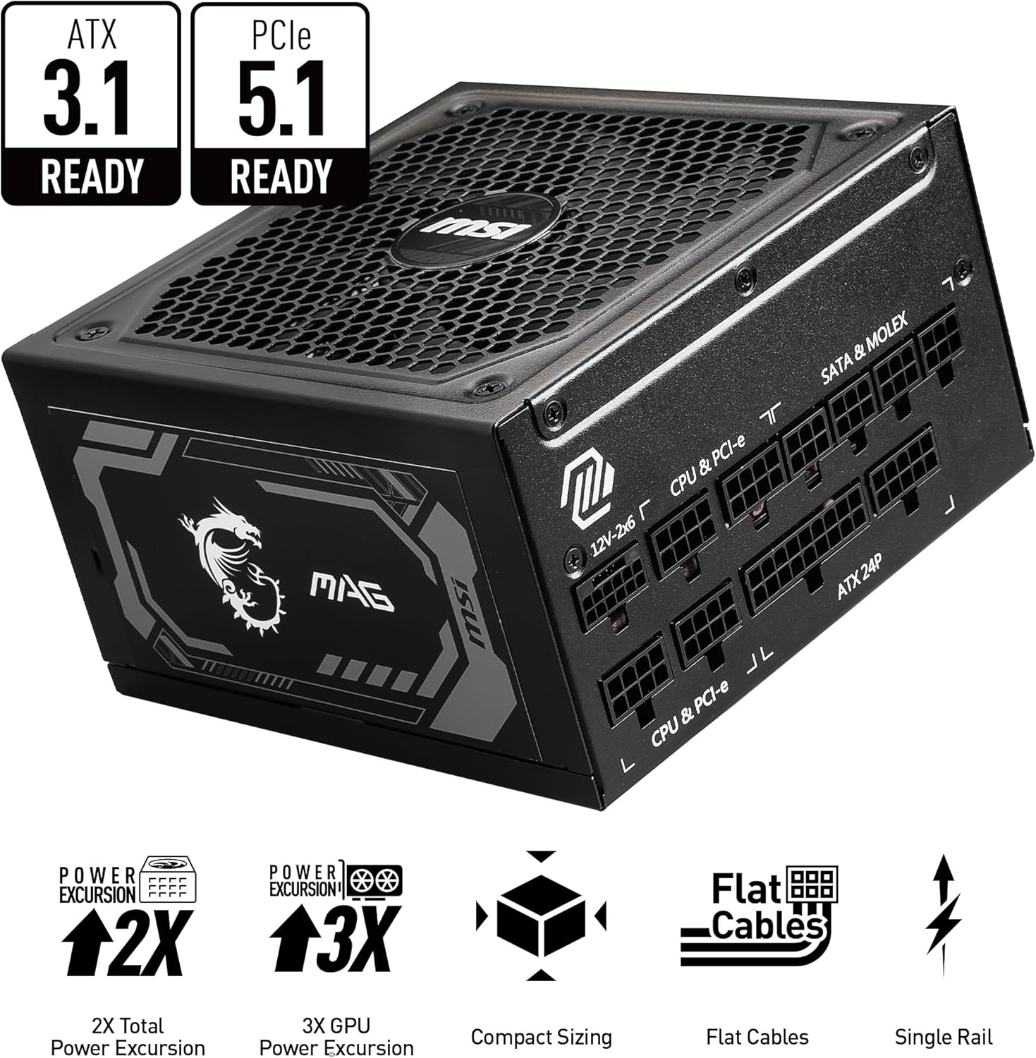 MSI MAG A750GL PCIE 5 Gaming Power Supply - Full Modular - 80 Plus Gold Certified 750W - Compact Size - ATX PSU - PuriLite