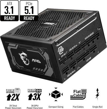 MSI MAG A750GL PCIE 5 Gaming Power Supply - Full Modular - 80 Plus Gold Certified 750W - Compact Size - ATX PSU - PuriLite