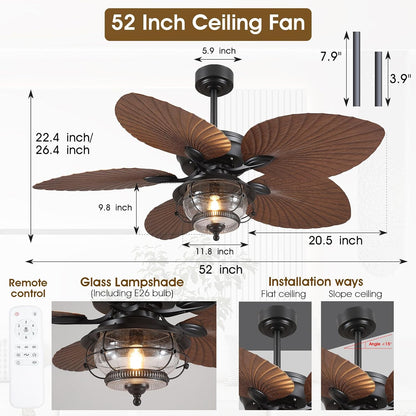 Wiviniya Ceiling Fans with Lights and Remote/APP Control, 44 Inch Tropical Palm Leaf Ceiling Fan with LED Lights, Outdoor Ceiling Fans for Patios Porch, Reversible Quiet Motor, Dimmable, Light Brown
