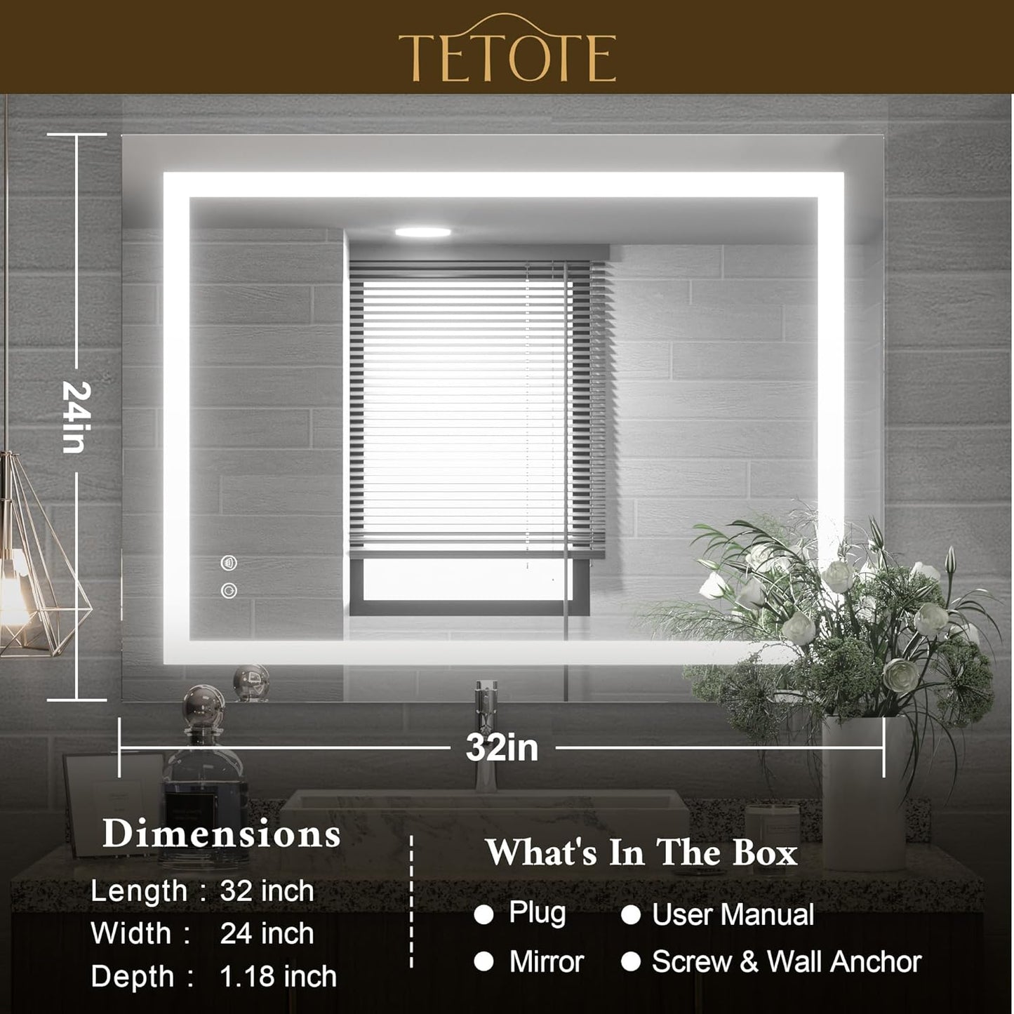 TETOTE 36 x 28 Bathroom LED Mirror Bedroom LED Mirror Fashion Style Vanity Makeup Mirror Dimmable Anti-Fog Wall Mounted Birthday Gift Housewarming Gift Wedding Gift