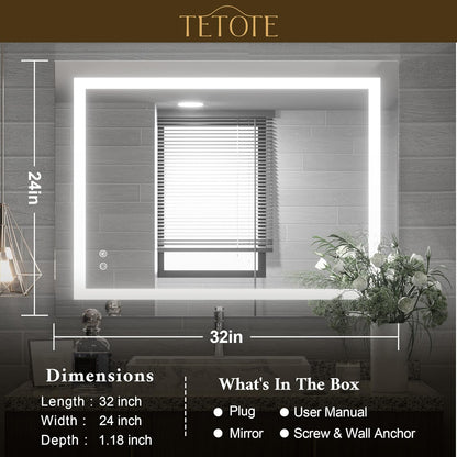 TETOTE 36 x 28 Bathroom LED Mirror Bedroom LED Mirror Fashion Style Vanity Makeup Mirror Dimmable Anti-Fog Wall Mounted Birthday Gift Housewarming Gift Wedding Gift