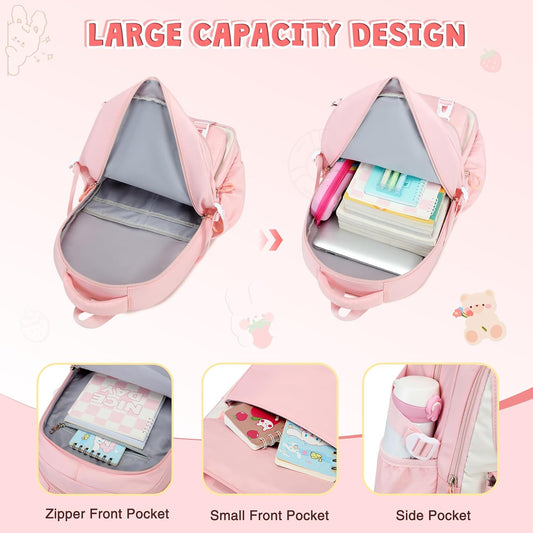 DIGOBAY Girls Backpack, School Backpack for Girls with Lunch Box Pencil Case Set for Teen Kids Girl Elementary Primary Middle High College School Bookbag with Cute Pins Pink - PuriLite