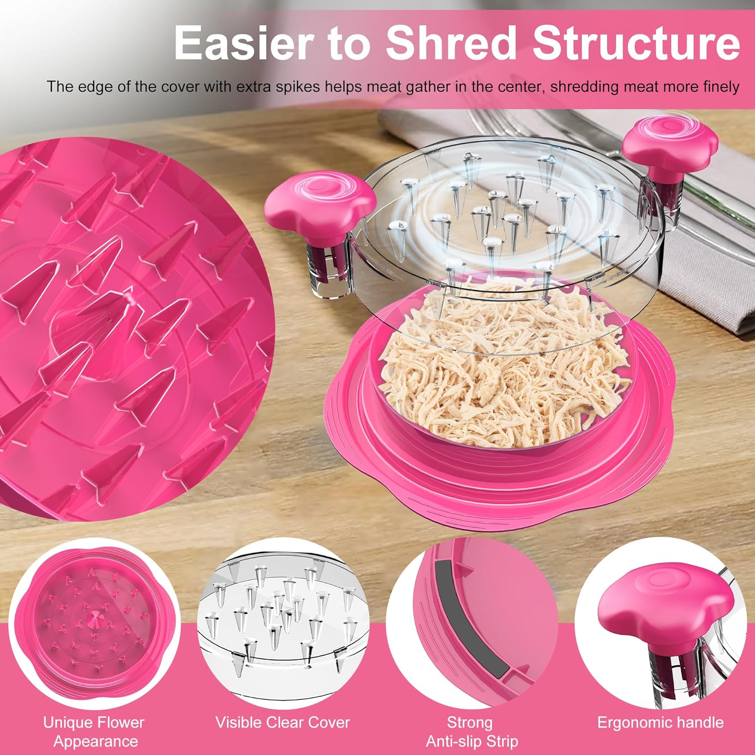 Large Chicken Shredder Tool with Twist, Ergonomic Handle & Anti-Slip Base – Visible Meat Shredder for Chicken, Pork, Beef, BPA-Free, Includes Cleaning Brush, Hot Pink - PuriLite